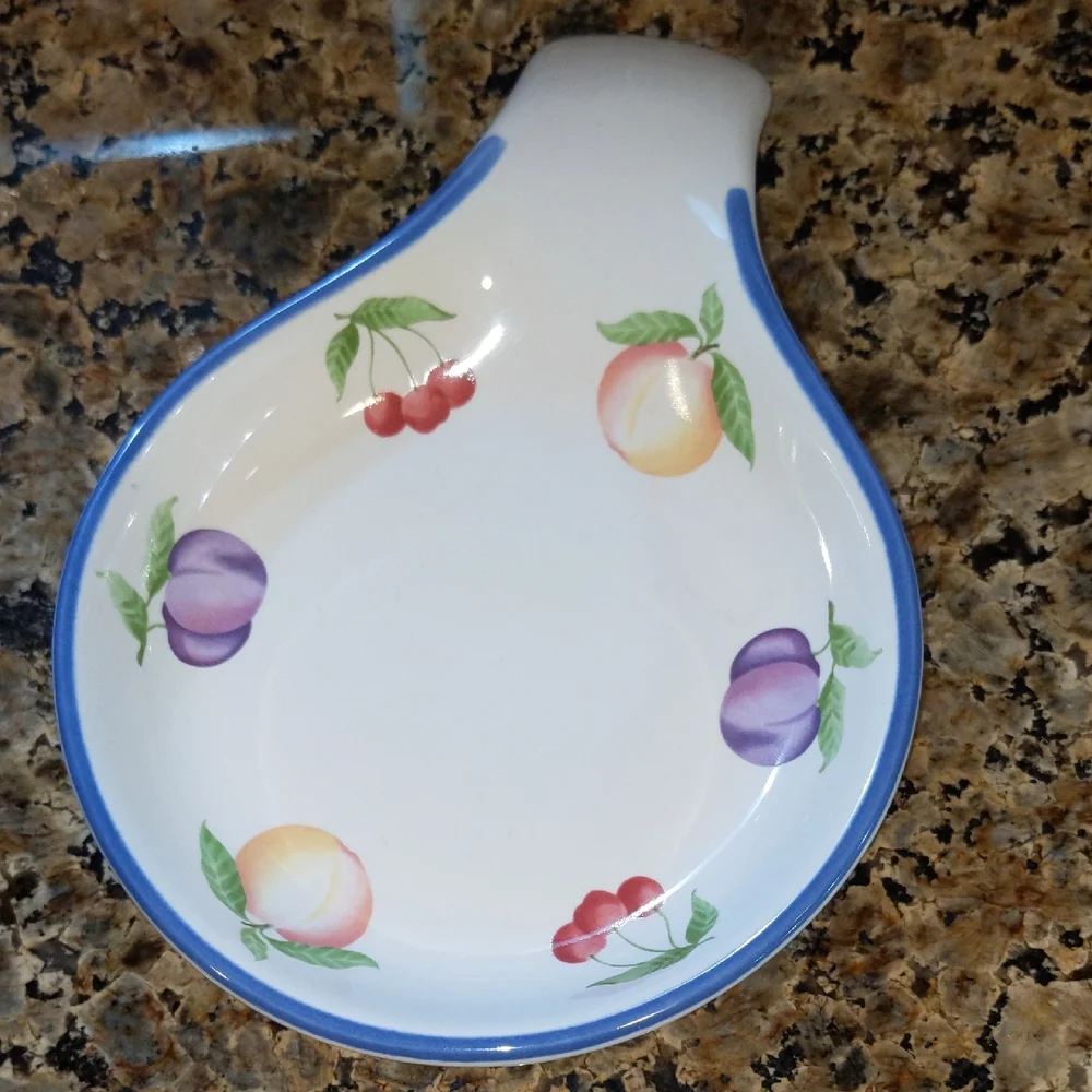Vintage Pfaltzgraff Hopscotch Fruit Spoon Rest Glossy Ceramic Blue White Tidbit